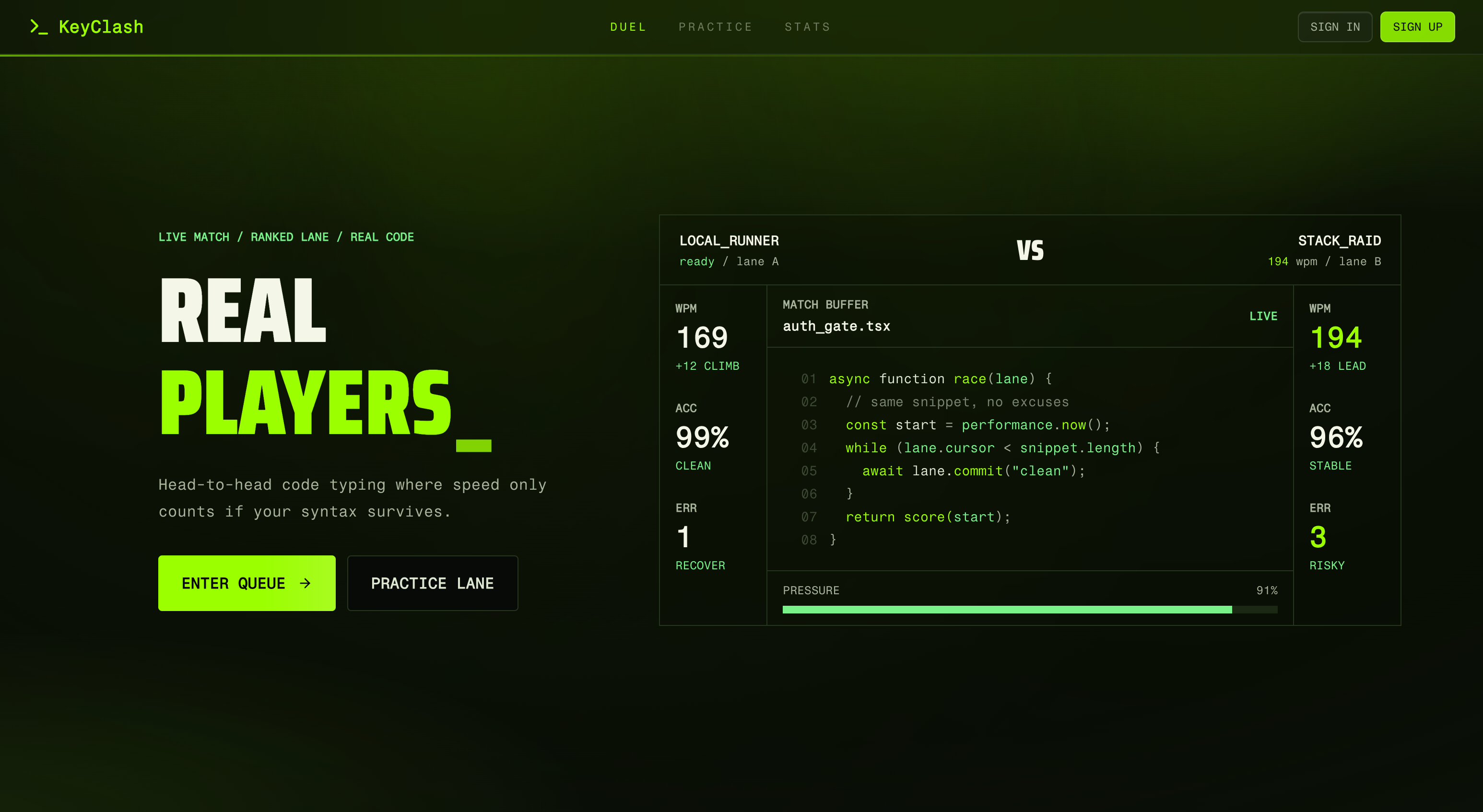 KeyClash project by Ashmit Sharma: Real-time multiplayer typing battle arena featuring live 1v1 duels and code-syntax practice modes with bots.